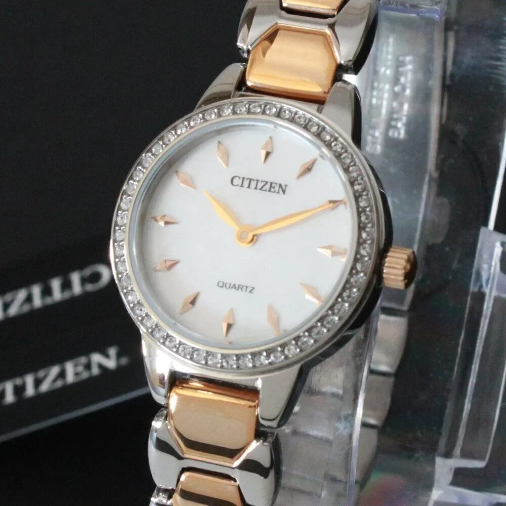 Citizen Women's Quartz Watch Crystal Bezel Mother Of Pearl Dial 24mm